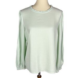 a.n.a. Milky Green Ruffle Neck Keyhole Back Long Sleeve Blouse Large NEW